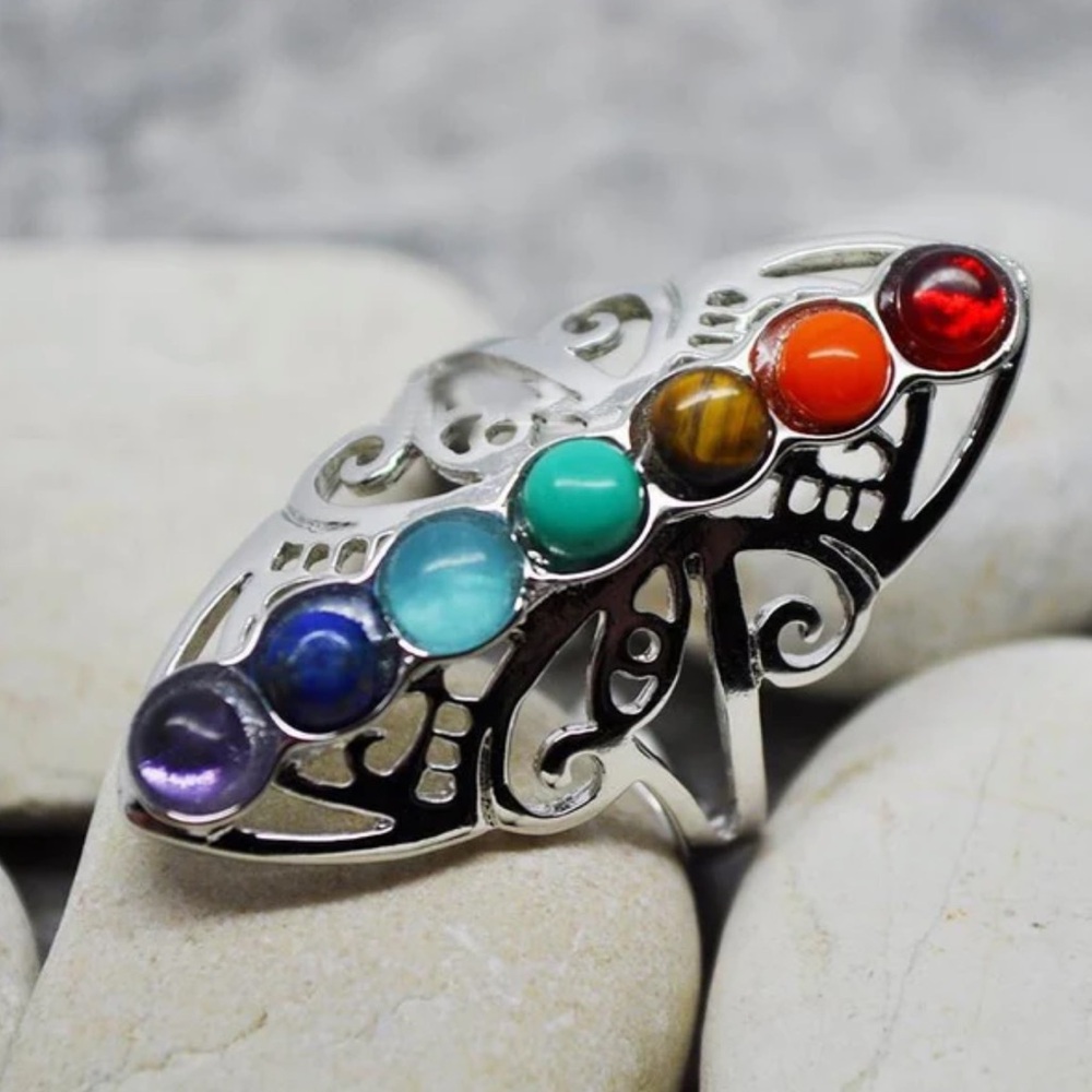 Multi-Gemstone Silver Tone Chakra Ring